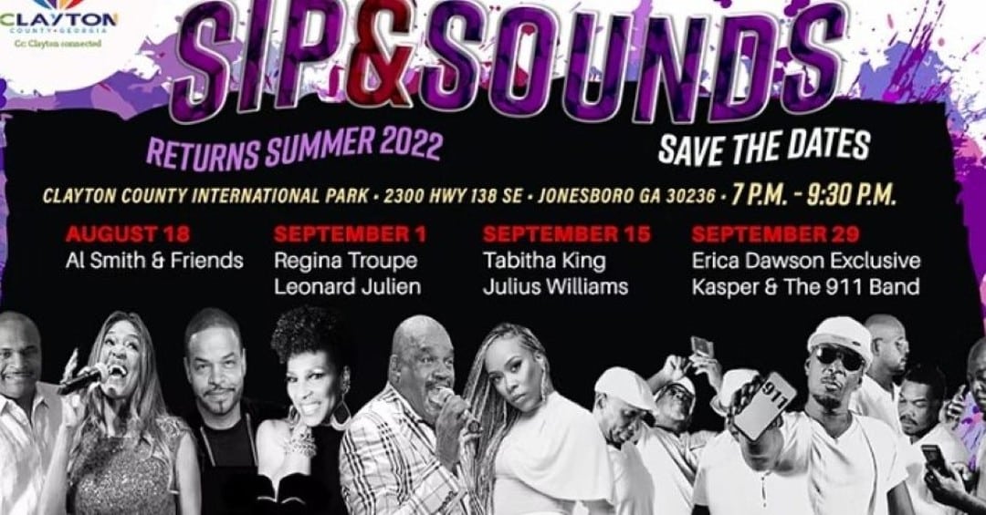 Join @claytoncountyga for their free Sip & Sounds concert tonight from 7 - 9:30 p.m. at Clayton County International Park, 2300 Hwy 138 SE, Jonesboro, GA 30236. #seeclaytoncountyga #Claytonconnected #claytoncountyinternationalpark