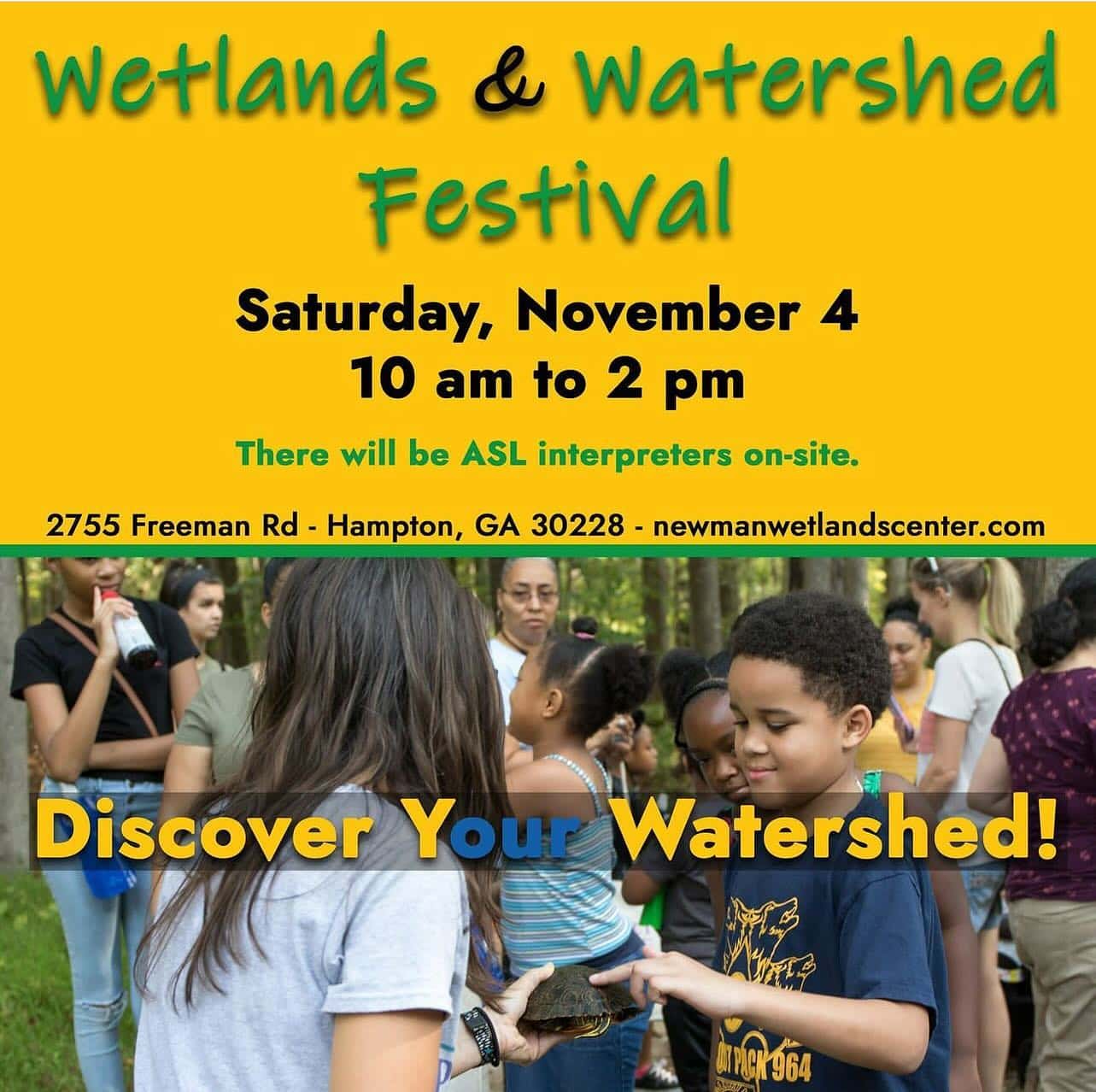 Mark your calendars for Saturday, November 4 for the Wetlands & Watershed Festival at @newmanwetlandscenter, located at 2755 Freeman Road, Hampton, GA, 30228. This 𝗙𝗥𝗘𝗘 event has a story walk, face painting, live animals, free family portraits, and more! #seeclaytoncountyga