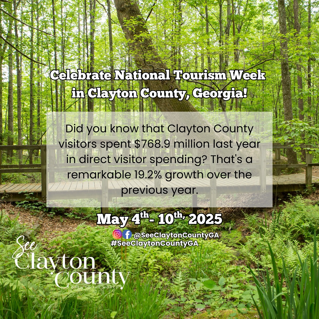 Did you know tourism shows a large impact in Clayton County, GA?
Our visitors spent a remarkable 768.9 million dollars while with us.
Now, that’s amazing!
#seeclaytoncountyga #claytoncountyga #nationaltourismweek #nationaltourismday #tourismmatters