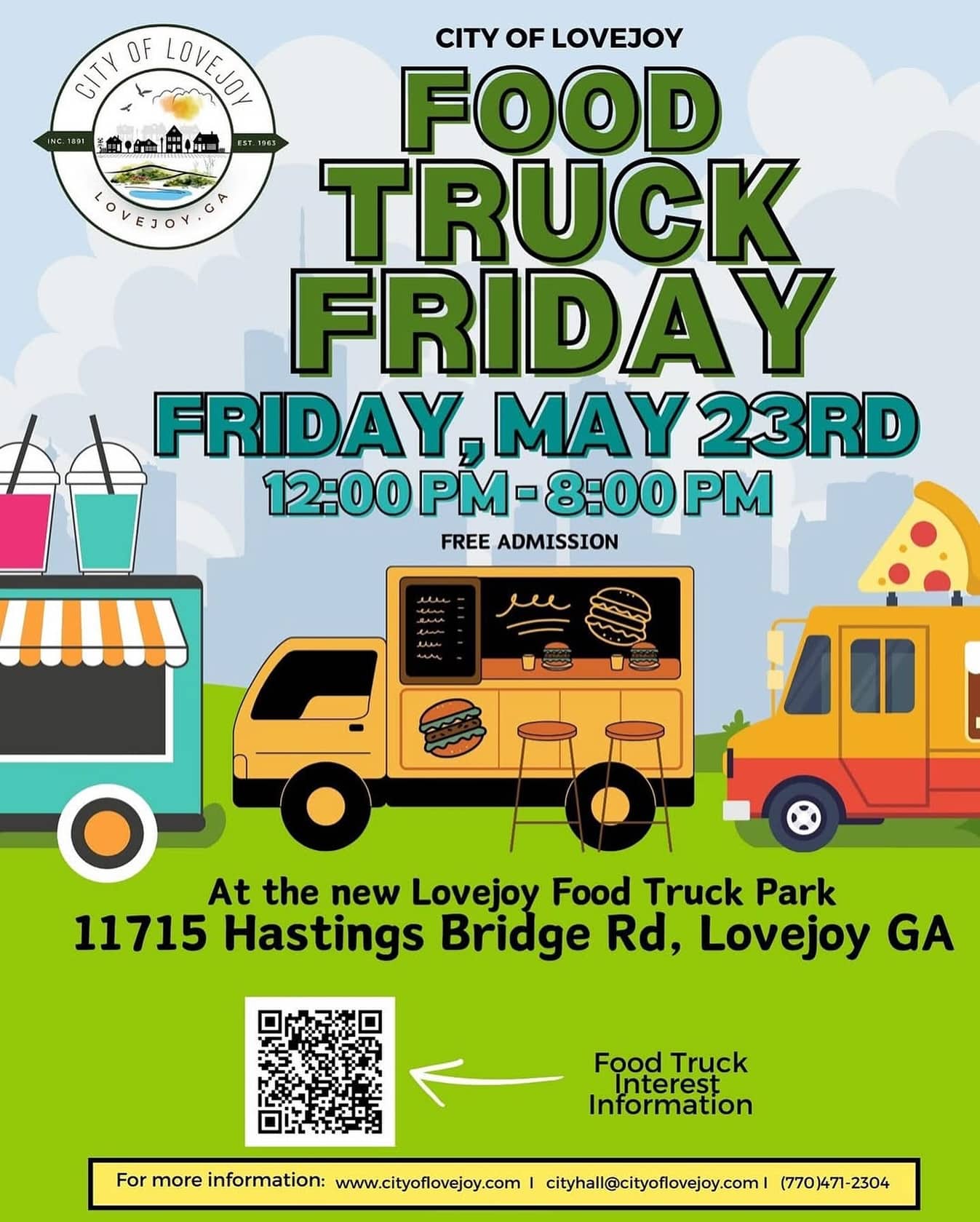 The @cityoflovejoy will be having their first Food Truck Friday at the new Lovejoy Food Truck Park presented by the Economic Development team and the Urban Redevelopment Agency.
Friday, May 23rd from 12 PM - 8 PM.
📆: Friday, May 23rd
⏰: 12:00 PM - 8:00 PM
📍: 11715 Hastings Bridge Road, Lovejoy GA
If you are interested in being a vendor or for signing up about more information about the Food Truck Park visit: https://cityoflovejoy.typeform.com/FoodTruckPark
#seeclaytoncountyga #lovejoyga #foodtruckfriday #wherelovemeetsjoy #Claytonconnected #claytoncounty #GaCities #lovejoyga