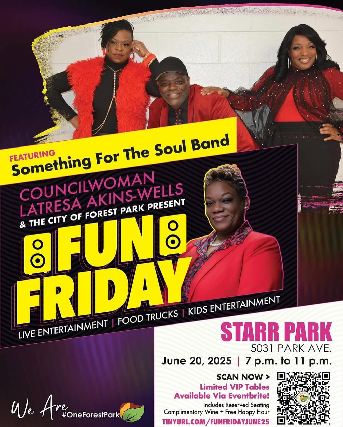 Fun Fridays in @cityofforestparkga are back!
On Friday, June 20, 2025, at the Starr Park Amphitheater come experience an unforgettable evening hosted by the City of Forest Park Government!
Enjoy live entertainment from the Something For The Soul Band, indulge in delicious eats from local food trucks, and bring the little ones for family-friendly activities and fun.
Don’t miss this vibrant community celebration!
Tickets can be purchased online by visiting https://tinyurl.com/FunFridayJune25
#seeclaytoncountyga #claytoncountyga #summerfestival #southsideatl