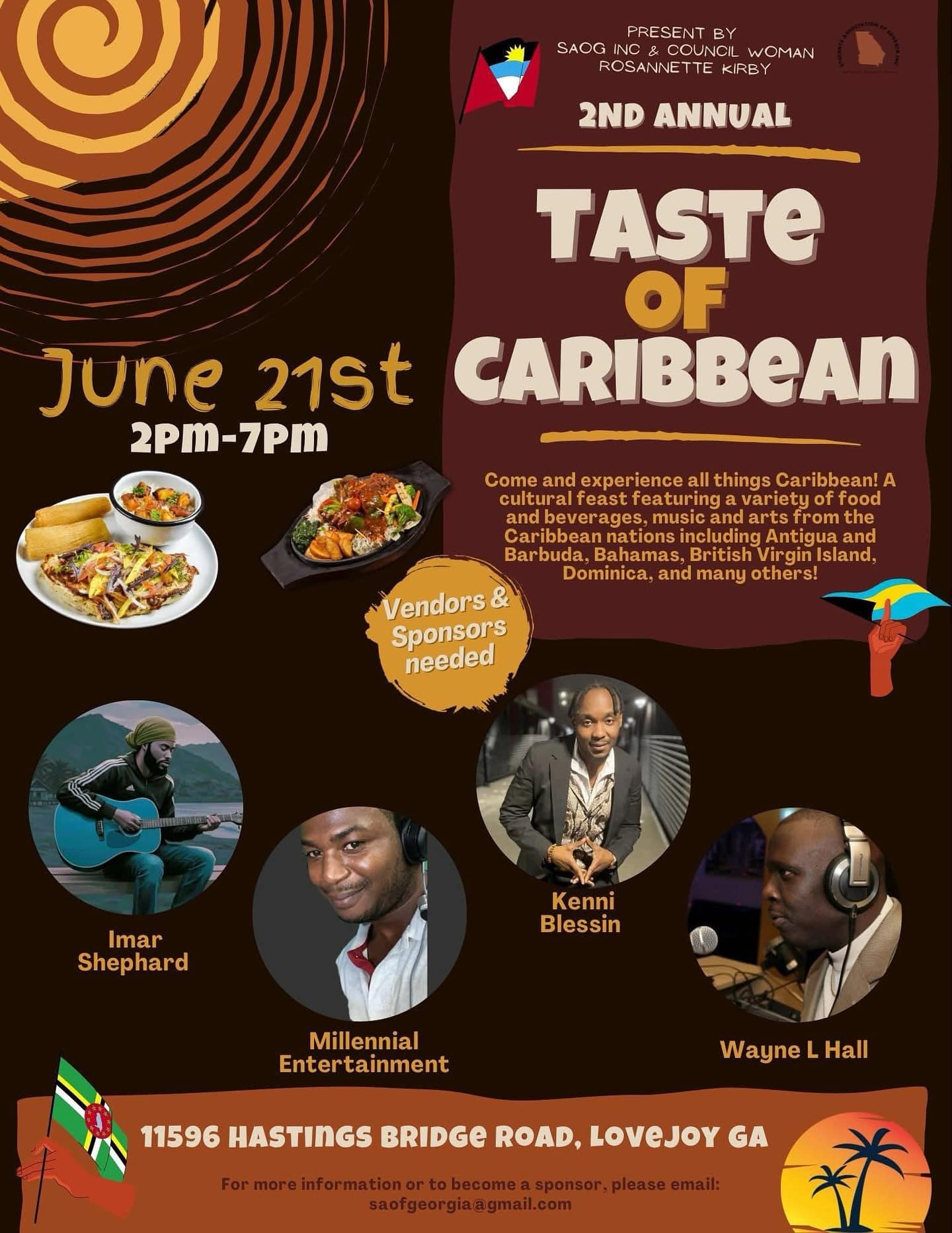 Calling all foodies, culture lovers, and Caribbean vibes seekers in Clayton County, GA!
Get ready for the 2nd Annual Taste of Caribbean on June 21st from 2PMโ7PM at 11596 Hastings Bridge Road, Lovejoy, GA!
Experience the flavors, music, and culture of the Caribbean right here in your backyard! Enjoy mouthwatering dishes, live performances by Imar Shephard, Kenni Blessin, Millennial Entertainment, Wayne L Hall, and more!
๐ค Authentic Caribbean music
๐ Flavor-packed cuisine
๐ Community fun
๐๏ธ Vendors & Sponsors Needed!
๐ง Contact: saofgeorgia@gmail.com
Tag your foodie crew and donโt miss this unforgettable celebration of Caribbean Heritage during National Caribbean Hertiage Month! ๐๐พ๐ฅณ๐บ
#TasteOfCaribbeanGA #ClaytonCountyEvents #LovejoyGA #CaribbeanCulture #GeorgiaEvents #forestparkga #claytoncountyga #seeclaytoncountyga #dineinclayco #southsideatl #atlantaga #explorepage #exploregeorgia #claytoncounty #jonesboroga #rexga #lovejoyga #riverdalega #morrowga #lakecityga #travelblogger #travelvlog #georgiatravel
