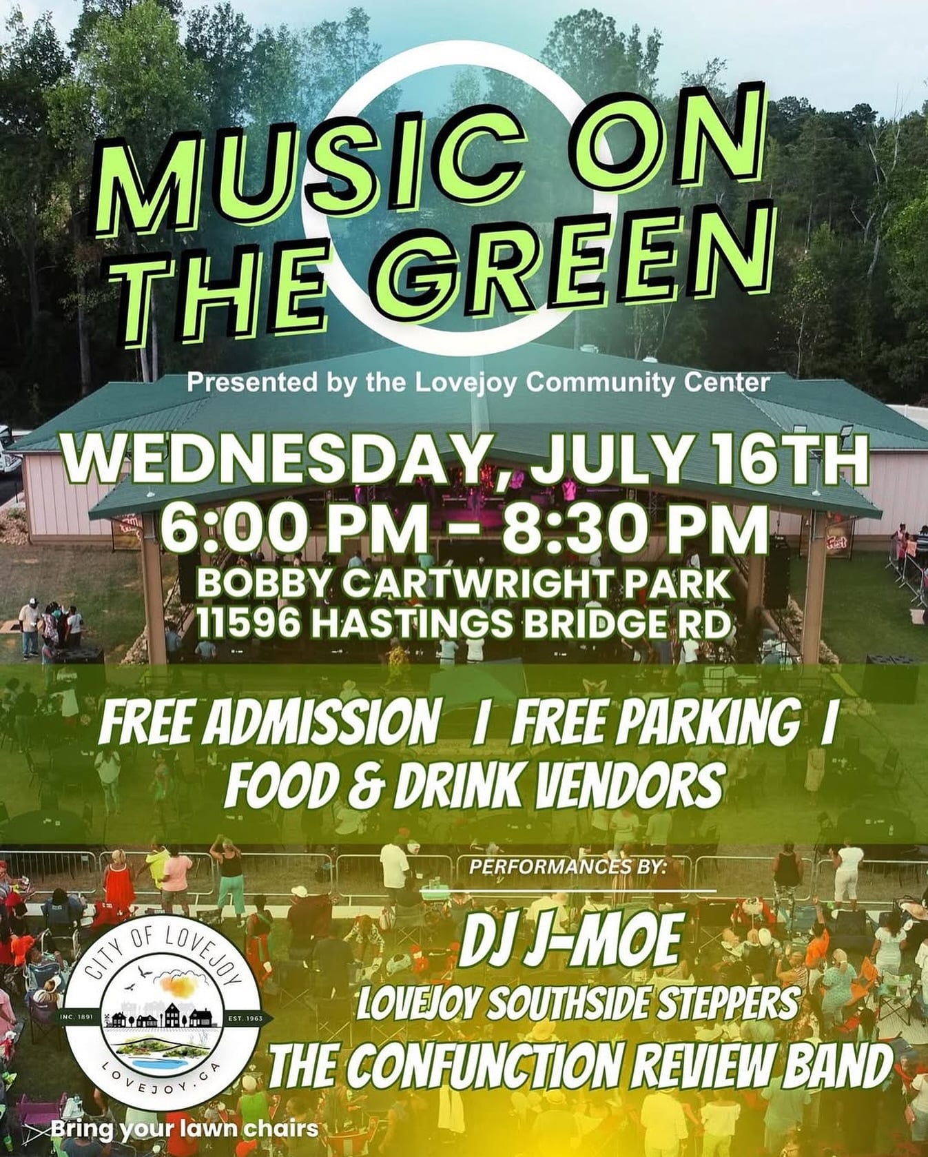 We got your Wednesday evening plans on lock! Come relax on Music on the Green in the @cityoflovejoy
Grab your lawn chairs and get ready for great music & a good time.
📅 Wednesday, July 16th
📍 Bobby Cartwright Park (11569 Hastings Bridge Road)
⏰ 6:00 PM - 8:30 PM (Back to School Bash 6PM-8PM or until supplies last)
#ilovelovejoy #lovejoyga #lovejoy #MusicOnTheGreen #Claytonconnected #Claytonconnected #GaCities #seeclaytoncountyga