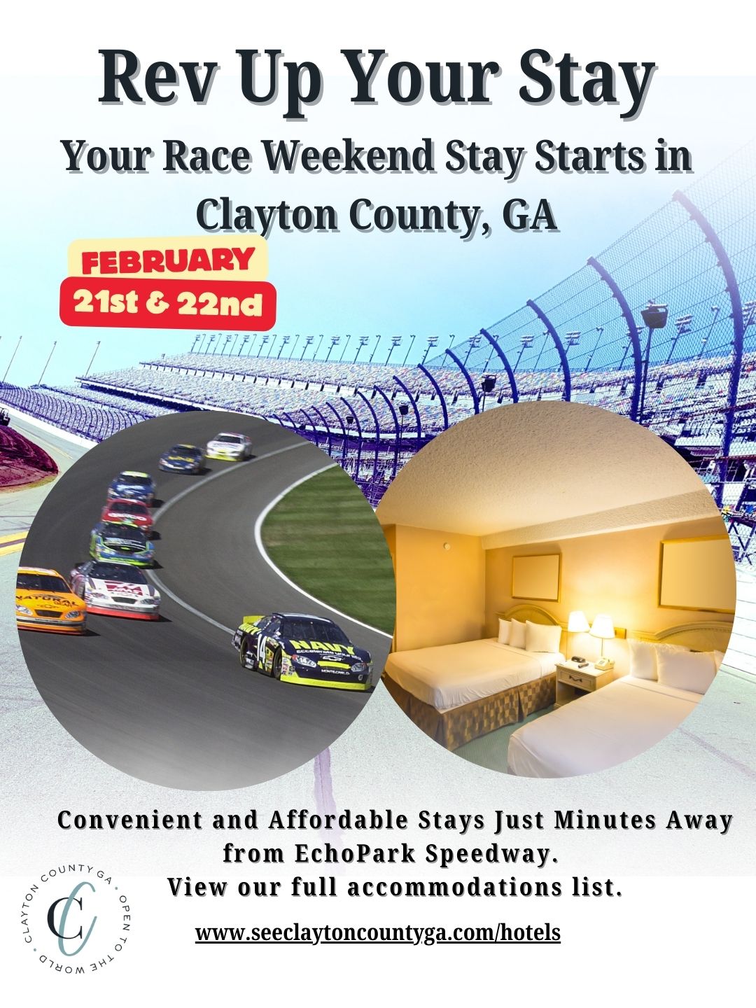 Planning for an EPIC race weekend? It's not too late Stay, Explore, and Recharge in Clayton County, GA! 

Whether you are attending the Bennett Transportation & Logistics 250 Xfinity Series race on Saturday, February 21 or the NASCAR Autotrader 400 on Sunday, February 22, turn your race trip into a full weekend getaway in Clayton County, GA!

🏨 Convenient & Comfortable Stays
Stay just minutes from the heart of race action in EchoPark Speedway with a variety of hotels and accommodations that fit every budget. 

🍽️ Local Flavor & Entertainment
From classic Southern eats to eclectic eateries and nightlife, Clayton County, GA has flavors and fun for the whole crew.

🌿 Beyond the Track
Explore parks, shopping, cultural experiences, and outdoor adventures that make your weekend more than just laps around the track.

Race. Stay. Explore. Repeat.
Make the most of race weekend by booking a stay in Clayton County, GA — the perfect home base for fans!

👉 Hit the link to browse hotels and accommodations in Clayton County, GA.
https://seeclaytoncountyga.com/hotels/

#seeclaytoncountyga #nascar #autotrader400 #echoparkspeedway