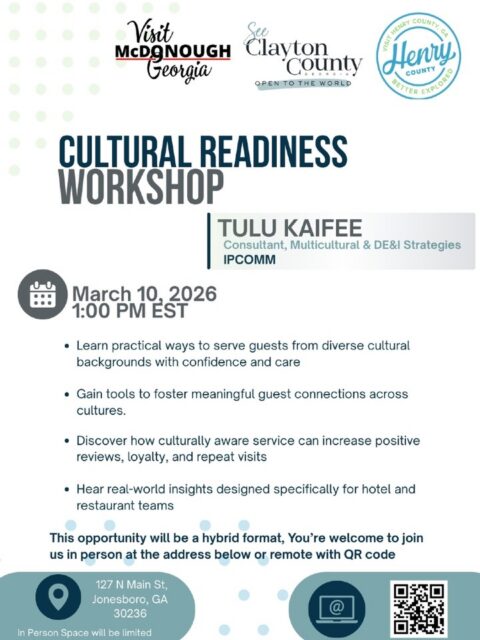 Hospitality and tourism partners, this is your opportunity to prepare your team for the global spotlight.

As we get closer to welcoming the world for the 2026 FIFA World Cup, See Clayton County, GA, Visit Henry Co, GA and Visit McDonough, GA invites you to join our Cultural Readiness Workshop, designed to help hospitality professionals confidently serve and connect with guests from diverse cultural backgrounds. 

Led by Tulu Kaifee, Consultant in Multicultural and DE&I Strategies at IPCOMM, this engaging session will share real-world insights and practical strategies tailored specifically for hotel and restaurant teams. You’ll leave with tools to strengthen guest experiences, build meaningful cultural connections, and create the kind of welcoming service that leads to positive reviews, guest loyalty, and repeat visits. 

Whether you manage a hotel, restaurant, attraction, or visitor-facing business, this workshop will help position your team to deliver a world-class experience as international travelers arrive in Metro Atlanta.

Workshop Details
March 10, 2026
1:00 PM EST
127 N Main St, Jonesboro, GA 30236

This event will be offered in a hybrid format, so you can attend in person or join remotely. In-person seating is limited, so early participation is encouraged. 

Join us and take a proactive step toward ensuring Metro Atlanta remains a welcoming destination for visitors from around the world.

Register HERE: https://seeclaytoncountyga.com/event/cultural-readiness-workshop/ 

#SeeClaytonCountyGA #HospitalityIndustry #FIFAWorldCup2026 #CulturalReadiness #DMO #HospitalityLeadership