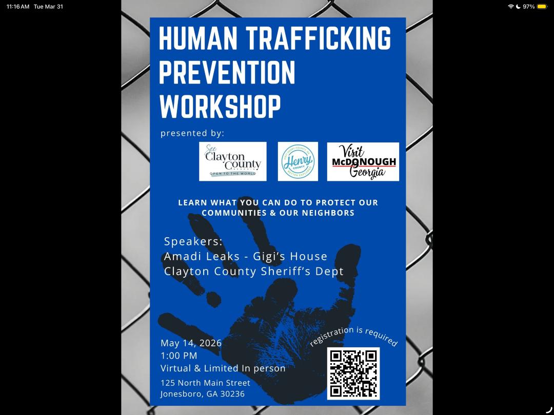 Knowledge is power—and awareness protects our community.

Residents and business professionals across Clayton County, GA are encouraged to join us virtually or in person for a critical Human Trafficking Prevention Workshop. Learn how to recognize the warning signs, respond effectively, and play a role in keeping our community safe.

As we prepare to welcome global visitors for the 2026 FIFA World Cup, staying informed is essential. Increased travel brings new opportunities—and a shared responsibility to ensure Clayton County, GA remains a safe, welcoming destination for all.

📅 May 14, 2026 🕐 1:00 PM 📍 125 North Main Street, Jonesboro, GA 30236 💻 Virtual attendance available for your convenience

Registration is required: https://form.jotform.com/260814659493165

Be informed. Stay proactive. Be part of the solution.

#SeeClaytonCountyGA #ClaytonCountyGA #stophumantrafficking #humantraffickingprevention