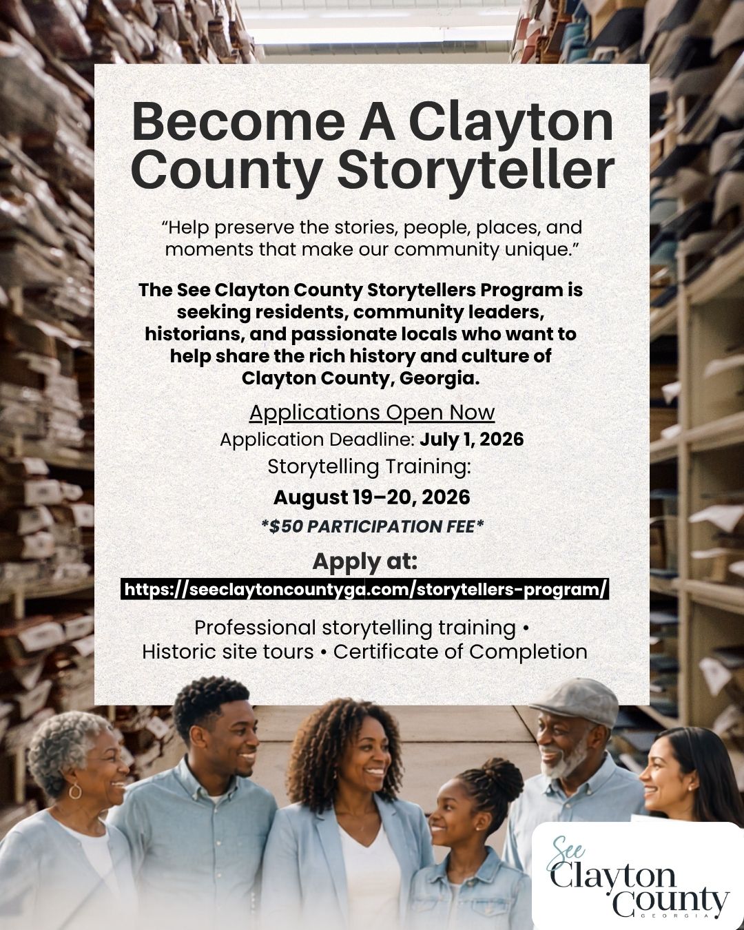 Every community has stories worth telling. What’s yours?
See Clayton County, GA is looking for passionate residents, community leaders, history enthusiasts, and local advocates to become part of the Clayton County Storytellers Program.
Participants will receive professional storytelling training, educational experiences, and behind-the-scenes opportunities to learn how to share the people, places, culture, and history that make Clayton County, GA unique. Whether you're passionate about local history, food, arts, sports, family stories, or community traditions, your voice can help inspire visitors and future generations.
Applications are open now through July 1, 2026.
Help preserve our stories. Celebrate our community. Become a Clayton County Storyteller.
Apply today: https://seeclaytoncountyga.com/storytellers-program/
#SeeClaytonCountyGA #ClaytonCountyStorytellers #OpenToTheWorld #ClaytonConnected #ExploreGeorgia