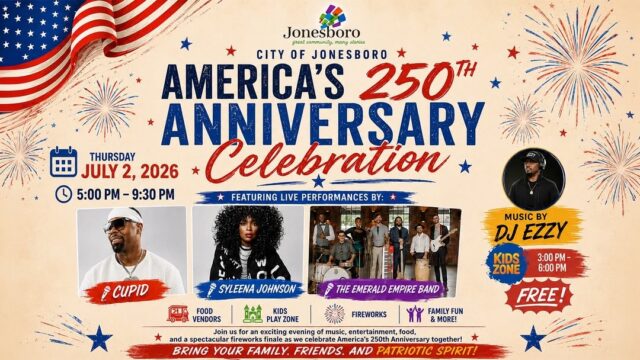 Happening TOMORROW in Jonesboro!!!

Looking for a fun way to kick off your Independence Day weekend? Make plans to visit Clayton County, GA for an evening of live entertainment, family-friendly activities, great local food, and a spectacular fireworks display at this special America’s 250th Anniversary celebration hosted by the @jonesborogovt.

Thursday, July 2, 2026

Kids Zone: 3:00 p.m. – 6:00 p.m.
Event: 5:00 p.m. – 9:30 p.m.
Fireworks immediately following the festivities

Enjoy live performances by Cupid, Syleena Johnson, The Emerald Empire Band, music from DJ Ezzy, local food vendors, and free admission.

See Clayton County, GA is pleased to share tourism-friendly events happening throughout our community. For event-specific questions, please contact the event organizer. 

#SeeClaytonCountyGA #OpenToTheWorld #ClaytonConnected #Americas250 #ExploreGeorgia