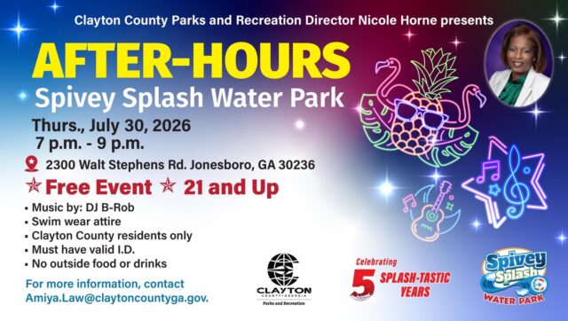 Looking for a fun way to cool off this summer? 💦

Mark your calendar for After-Hours at Spivey Splash Water Park on Thursday, July 30, from 7:00 p.m. to 9:00 p.m. Enjoy an adults-only evening with music by DJ B-Rob, a relaxed atmosphere, and the chance to experience one of Clayton County’s favorite summer attractions after the park closes.

This FREE event is exclusively for Clayton County residents ages 21 and older. A valid photo ID is required for entry.

📍 Spivey Splash Water Park
2300 Walt Stephens Rd.
Jonesboro, GA 30236

Please note: Outside food and beverages are not permitted.

For additional information, contact amiya.law@claytoncountyga.gov.

Whether you’re a longtime resident or planning a visit to explore all that Clayton County, GA has to offer, be sure to add Spivey Splash Water Park to your summer itinerary.

#SeeClaytonCountyGA #OpenToTheWorld #ClaytonConnected #SpiveySplashWaterPark #ExploreGeorgia