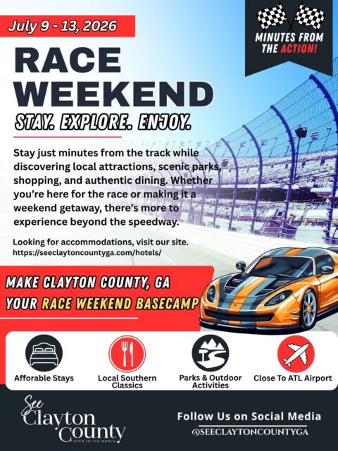 Race weekend starts here. Stay where the action is just minutes away.
If you're traveling to the Quaker State 400 at EchoPark Speedway, make Clayton County, GA your race weekend basecamp. Our convenient hotel accommodations put you close to the speedway while giving you easy access to local restaurants, shopping, parks, and attractions to enjoy before and after the checkered flag.
Whether you're planning a quick overnight stay or a full race weekend getaway, Clayton County offers comfort, convenience, and plenty to explore beyond the track.
Book your stay today:
https://seeclaytoncountyga.com/hotels/
Please note: See Clayton County, GA is the official destination marketing organization for Clayton County. We promote local hotels, restaurants, attractions, and events that encourage visitors to explore our community. We are not the organizer of NASCAR events.
#SeeClaytonCountyGA #OpenToTheWorld #RaceWeekend #NASCAR #QuakerState400 #EchoParkSpeedway #StayInClayton #ExploreGeorgia #VisitGeorgia