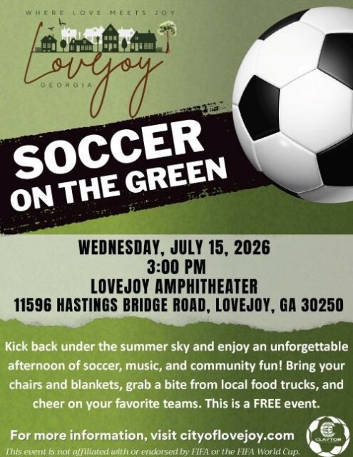 ⚽ Experience the excitement of the global game in Lovejoy, Georgia!
Join the fun at Soccer on the Green on Wednesday, July 15, at Bobby Cartwright Park & Lovejoy Event Center for a day of live match viewing on the big screen, music, food trucks, vendors, and family-friendly soccer activities.
While you’re there, be sure to stop by the See Clayton County, GA tent! We’d love to help you discover more of our destination with local travel inspiration, recommendations, and a complimentary 2026 - 2027 Clayton County Visitor’s Guide filled with places to eat, stay, shop, and explore.
Whether you’re visiting for the match or making a day of it, there’s no better time to experience all that Clayton County, GA has to offer.
Start planning your visit at SeeClaytonCountyGA.com.
Please note: See Clayton County, GA is the destination marketing organization for Clayton County and is not the organizer of this event. We’re proud to promote events that encourage visitors to explore our community.
@cityoflovejoy
#SeeClaytonCountyGA #OpenToTheWorld #ClaytonConnected #lovejoyga #ExploreGeorgia