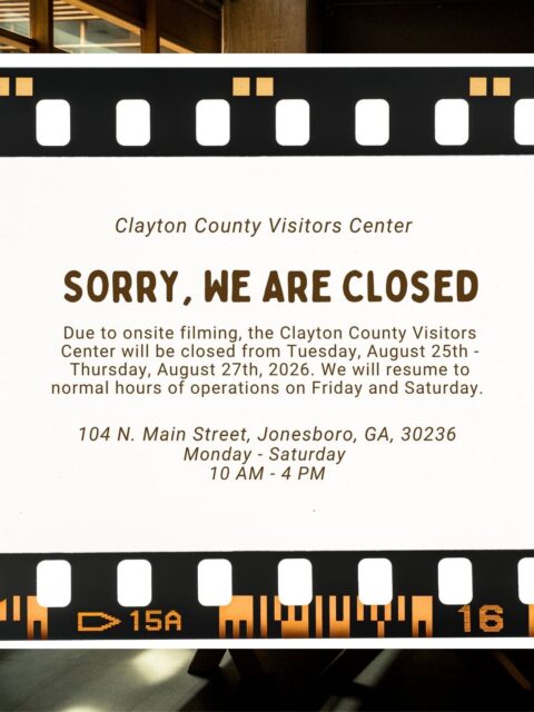 Planning a visit to Clayton County, GA? Please note that the Clayton County Visitors Center will be closed Tuesday, August 25 through Thursday, August 27, 2026, due to onsite filming.
We will reopen Friday, August 28, with helpful visitor information, local recommendations and inspiration for exploring everything Clayton County has to offer.
Regular Hours: Monday–Saturday, 10 AM–4 PM
104 N. Main Street, Jonesboro, GA 30236
We look forward to welcoming you back!
#seeclaytoncountyga #opentotheworld