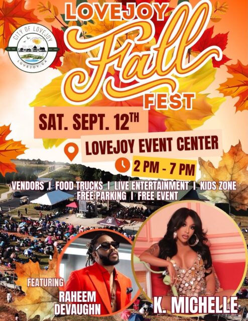 Make the @cityoflovejoy part of your fall plans!
The annual Lovejoy Fall Fest returns Saturday, September 12, bringing an afternoon of FREE entertainment, family fun, local vendors, and live music to Clayton County, GA.
Whether you’re visiting from across Metro Atlanta or planning a weekend in the area, come experience Lovejoy with 50+ food and retail vendors, a Kid Zone, raffles, giveaways, and live entertainment featuring DJ J-Moe, Raheem DeVaughn, K. Michelle, and more!
📅 Saturday, September 12, 2026
⏰ 2–7 PM
📍 Lovejoy Event Center / Bobby Cartwright Park
11596 Hastings Bridge Rd, Lovejoy, GA 30228
🎟️ FREE admission | Rain or shine
Planning your visit:
🚗 Free parking is available in designated City lots. Golf cart shuttle service will operate from 4–8 PM from Lovejoy City Hall and other designated parking areas.
🎈 Kid Zone: 2–5 PM; parent or guardian waiver required.
🛍️ More than 50 food and non-food vendors will have items available for purchase.
🎶 No tickets are required for general admission.
Follow the City of Lovejoy for details on opportunities to win two FREE VIP seats. VIP guests must be 21+ and a clear bag policy will be in effect for the VIP seating area. @cityoflovejoy
Come for Fall Fest and discover another reason to explore Clayton County, GA — Open to the World.
#OpenToTheWorld #SeeClaytonCountyGA #LovejoyGA #fallfestival #ClaytonCountyGA