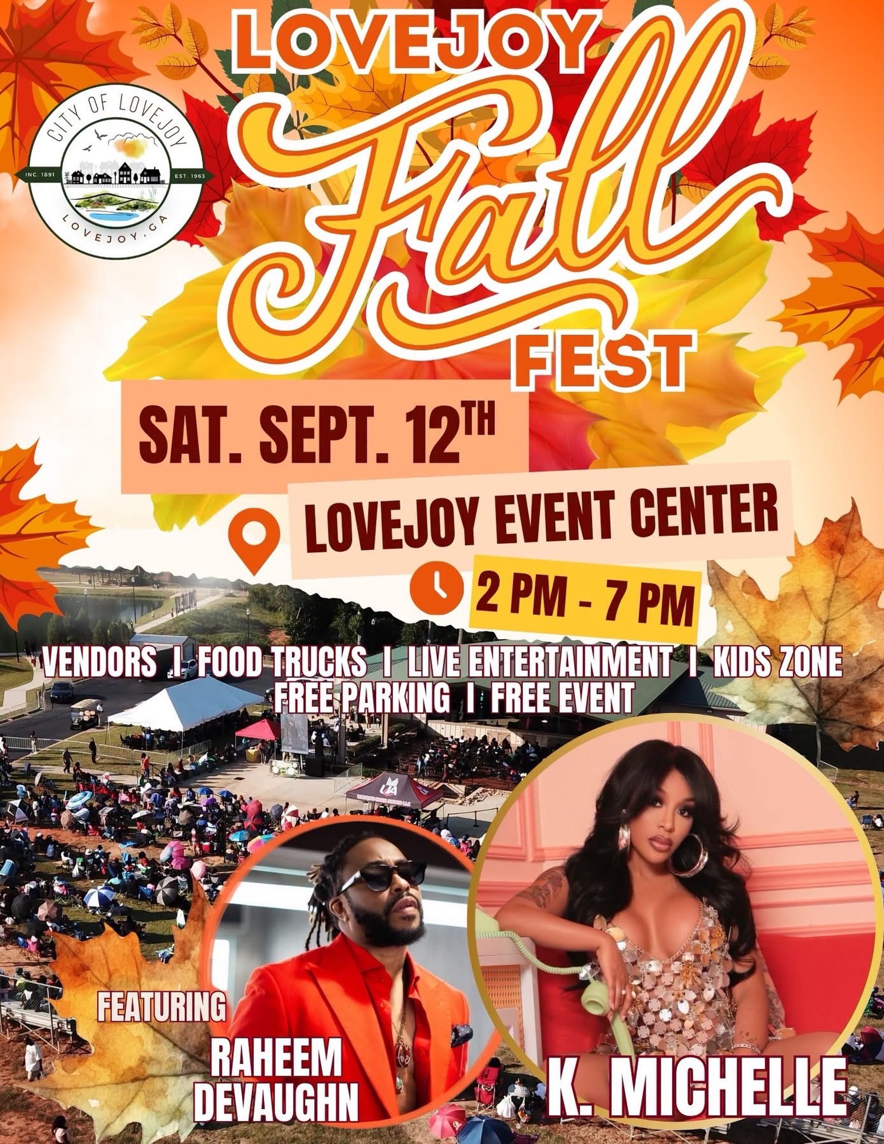 Make the @cityoflovejoy part of your fall plans!
The annual Lovejoy Fall Fest returns Saturday, September 12, bringing an afternoon of FREE entertainment, family fun, local vendors, and live music to Clayton County, GA.
Whether you’re visiting from across Metro Atlanta or planning a weekend in the area, come experience Lovejoy with 50+ food and retail vendors, a Kid Zone, raffles, giveaways, and live entertainment featuring DJ J-Moe, Raheem DeVaughn, K. Michelle, and more!
📅 Saturday, September 12, 2026
⏰ 2–7 PM
📍 Lovejoy Event Center / Bobby Cartwright Park
11596 Hastings Bridge Rd, Lovejoy, GA 30228
🎟️ FREE admission | Rain or shine
Planning your visit:
🚗 Free parking is available in designated City lots. Golf cart shuttle service will operate from 4–8 PM from Lovejoy City Hall and other designated parking areas.
🎈 Kid Zone: 2–5 PM; parent or guardian waiver required.
🛍️ More than 50 food and non-food vendors will have items available for purchase.
🎶 No tickets are required for general admission.
Follow the City of Lovejoy for details on opportunities to win two FREE VIP seats. VIP guests must be 21+ and a clear bag policy will be in effect for the VIP seating area. @cityoflovejoy
Come for Fall Fest and discover another reason to explore Clayton County, GA — Open to the World.
#OpenToTheWorld #SeeClaytonCountyGA #LovejoyGA #fallfestival #ClaytonCountyGA