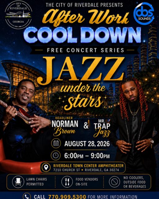Cool down your Friday night with smooth sounds in the @cityofriverdale_ga
Make your way to the Riverdale Town Center for the City of Riverdale’s After Work Cool Down on Friday, August 28, from 6–9 PM. Settle in for an evening of cool jazz, grab a bite from local food vendors, and enjoy a relaxing night in Clayton County, GA.
Bring your lawn chairs and make Riverdale part of your weekend plans!
📅 Friday, August 28
⏰ 6–9 PM
📍 Riverdale Town Center | Riverdale, GA
#SeeClaytonCountyGA #OpenToTheWorld #RiverdaleGA #ClaytonCountyGA #freeconcert