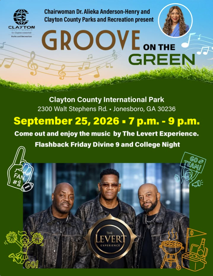 Groove on the Green: Flashback Friday Divine 9 & College Night
Enjoy a FREE evening of live music and outdoor entertainment at Groove on the Green at Clayton County International Park. Visitors are invited to experience The LeVert Experience during a special Flashback Friday Divine 9 & College Night in Jonesboro, GA.
Date: Friday, September 25, 2026
Time: 7–9 p.m.
Admission: FREE
Location: Clayton County International Park
Address: 2300 Walt Stephens Rd., Jonesboro, GA 30236
Entertainment: The LeVert Experience
Theme: Flashback Friday Divine 9 & College Night
Add this free outdoor concert to your Clayton County, GA itinerary and enjoy an evening of live music at one of the county’s signature outdoor destinations.
https://seeclaytoncountyga.com/event/groove-on-the-green-flashback-friday/