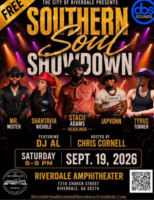 Tonight in Riverdale! 🎶
Enjoy the FREE Southern Soul Showdown from 6–9 PM at the Riverdale Amphitheater. Hosted by the @cityofriverdale_ga & @dbssoundsatl
📍 7210 Church Street, Riverdale, GA
#OpenToTheWorld #SeeClaytonCountyGA