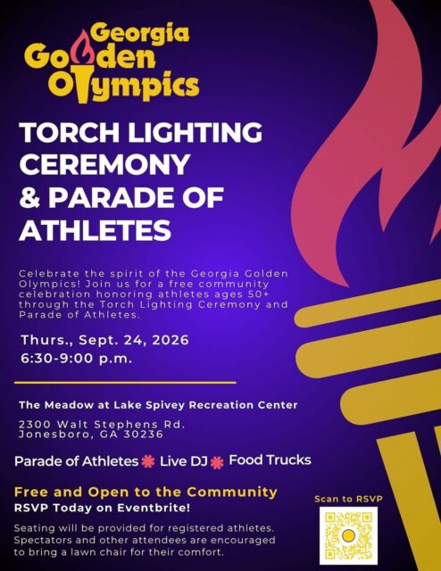 The Georgia Golden Olympics Torch Lighting Ceremony & Parade of Athletes is tonight in Clayton County, GA! Come celebrate the athletes with music, food trucks, and a warm welcome to the games.
Thursday, September 24 | 6:30–9 p.m.
Lake Spivey Recreation Center
2300 Walt Stephens Road, Jonesboro, GA
Bring a lawn chair or blanket, and stop by the See Clayton County, GA table for visitor information. See the comments to RSVP.
#GeorgiaGoldenOlympics #ClaytonCountyGA #OpenToTheWorld