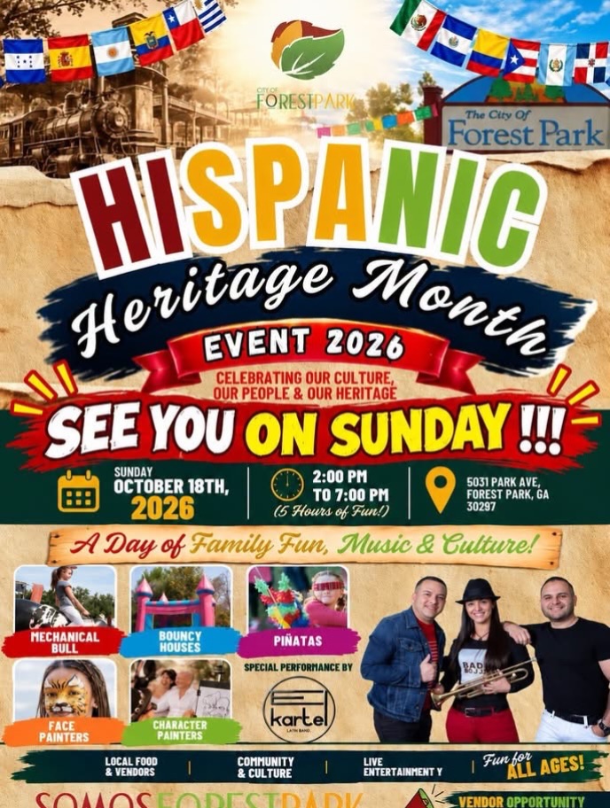 Celebrate culture, community, and family fun in Forest Park, GA!
The City of Forest Park is bringing the celebration to Starr Park for Hispanic Heritage Month 2026 on Sunday, October 18!
Bring the whole family for an afternoon filled with live music, cultural performances, delicious food, local vendors, bouncy houses, face painting, piñatas, and more! There’s something for everyone to enjoy.
Event Details:
📅 Sunday, October 18, 2026
⏰ 2:00 PM – 7:00 PM
📍 Starr Park | 5031 Park Ave., Forest Park, GA
Make plans to experience the vibrant cultures and traditions that make Clayton County, GA, so special! @cityofforestparkga
#SeeClaytonCountyGA #OpenToTheWorld #HispanicHeritageMonth #ForestParkGA