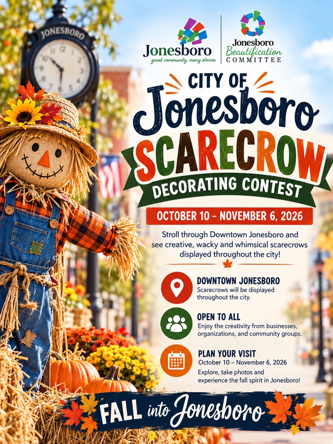 Fall into Jonesboro! 🍂 Discover creative, quirky, and whimsical scarecrows throughout Downtown Jonesboro, GA, now through November 6!
Take a stroll, snap a few photos, and experience the charm of fall in Clayton County, GA!
#SeeClaytonCountyGA #OpenToTheWorld #JonesboroGA #ExploreGeorgia