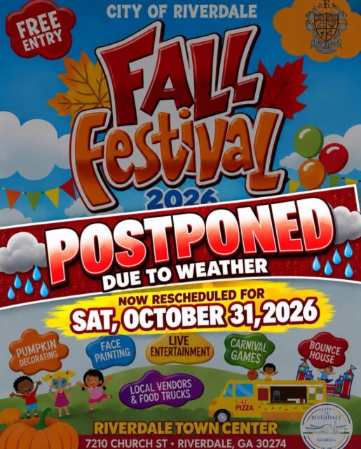 🍂 New date, same fall fun! The City of Riverdale’s Fall Festival has been rescheduled due to weather for Saturday, October 31, 2026.
Make it a family outing in Clayton County, GA with pumpkin decorating, face painting, live entertainment, carnival games, a bounce house, local vendors, and food trucks! 🎃
📍 Riverdale Town Center
7210 Church St., Riverdale, GA 30274
🎟️ Free entry
Save the date and share with your festival crew! Contact the City of Riverdale for event hours and updates.
#SeeClaytonCountyGA #RiverdaleGA #FallFestival