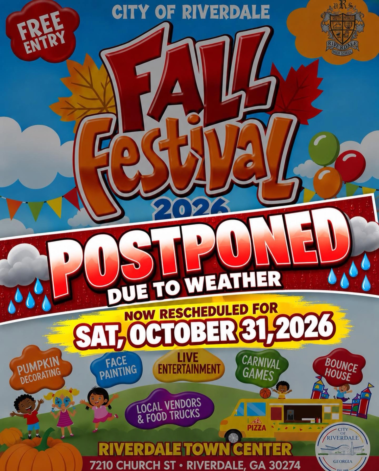 🍂 New date, same fall fun! The City of Riverdale’s Fall Festival has been rescheduled due to weather for Saturday, October 31, 2026.
Make it a family outing in Clayton County, GA with pumpkin decorating, face painting, live entertainment, carnival games, a bounce house, local vendors, and food trucks! 🎃
📍 Riverdale Town Center
7210 Church St., Riverdale, GA 30274
🎟️ Free entry
Save the date and share with your festival crew! Contact the City of Riverdale for event hours and updates.
#SeeClaytonCountyGA #RiverdaleGA #FallFestival