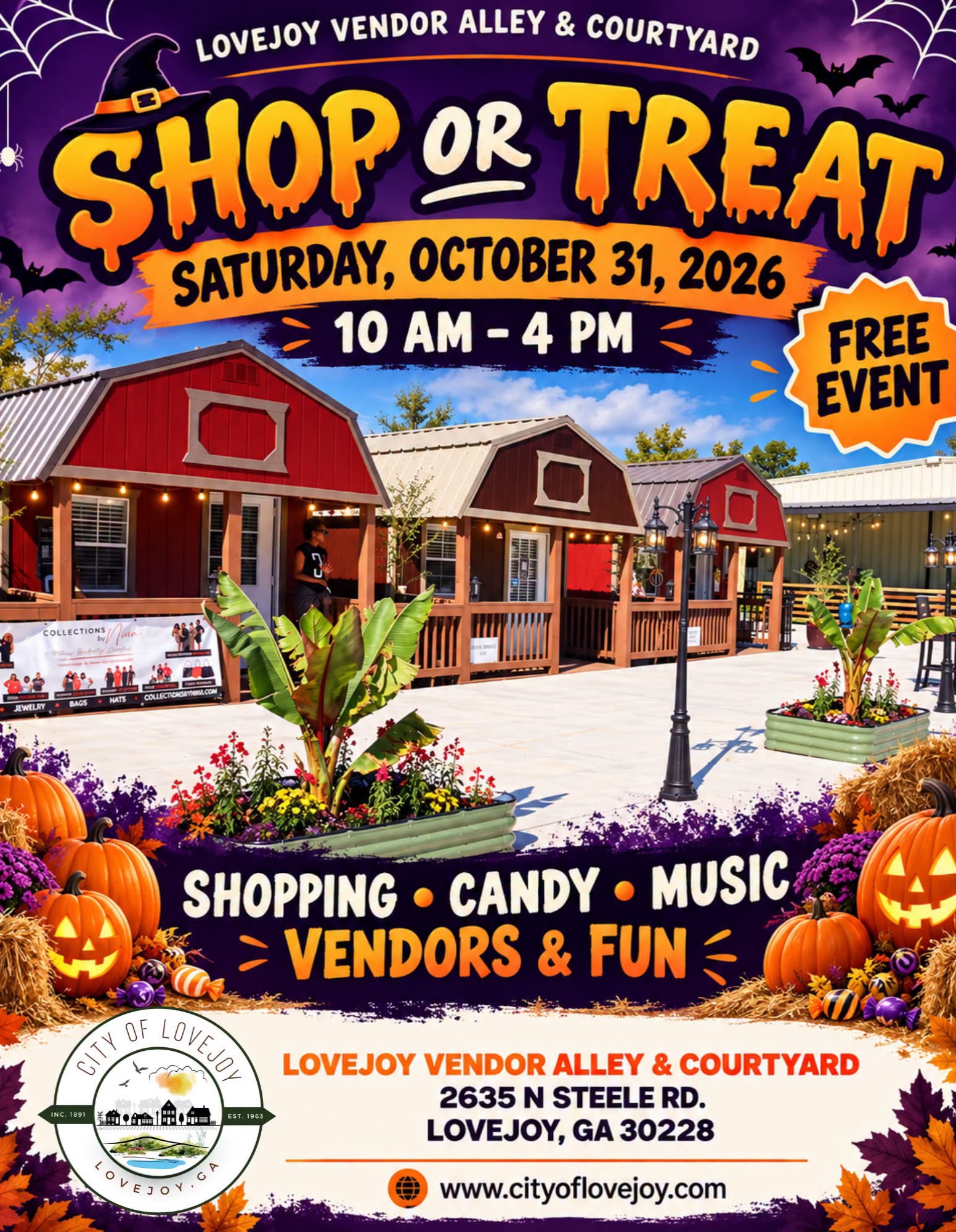 Shopping bags meet candy bags! 🎃🛍️ Make a Halloween stop in Clayton County, GA for the City of Lovejoy’s Shop or Treat—a free event featuring shopping, candy, music, vendors, and fun.
📅 Saturday, October 31, 2026
⏰ 10 AM–4 PM
📍 Lovejoy Vendor Alley & Courtyard
2635 N Steele Rd., Lovejoy, GA 30228
Whether you’re visiting for the day or exploring close to home, bring your crew and add a little Lovejoy to your Halloween plans! 🍬
#SeeClaytonCountyGA #OpenToTheWorld #LovejoyGA #HalloweenFun
Event hosted by the City of Lovejoy. Please contact the organizer with event questions.