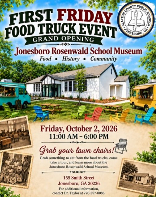 Plan a visit to historic Jonesboro for the First Friday Food Truck Event and grand opening of the Jonesboro Rosenwald School and Museum. Enjoy local food, tour the museum, and discover the school’s lasting legacy. @ccpsengagement
Friday, October 2, 2026
11:00 AM–6:00 PM
155 Smith Street, Jonesboro, GA
While you’re in the area, visit the Road to Tara Museum in the heart of Downtown Jonesboro, GA.
Road to Tara Museum @roadtotaramuseum
Monday–Saturday
10:00 AM–4:00 PM
#SeeClaytonCountyGA #OpenToTheWorld #HistoricJonesboro #HeritageTourism