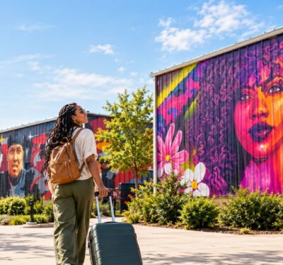 woman pulling suitcase while looking at murals